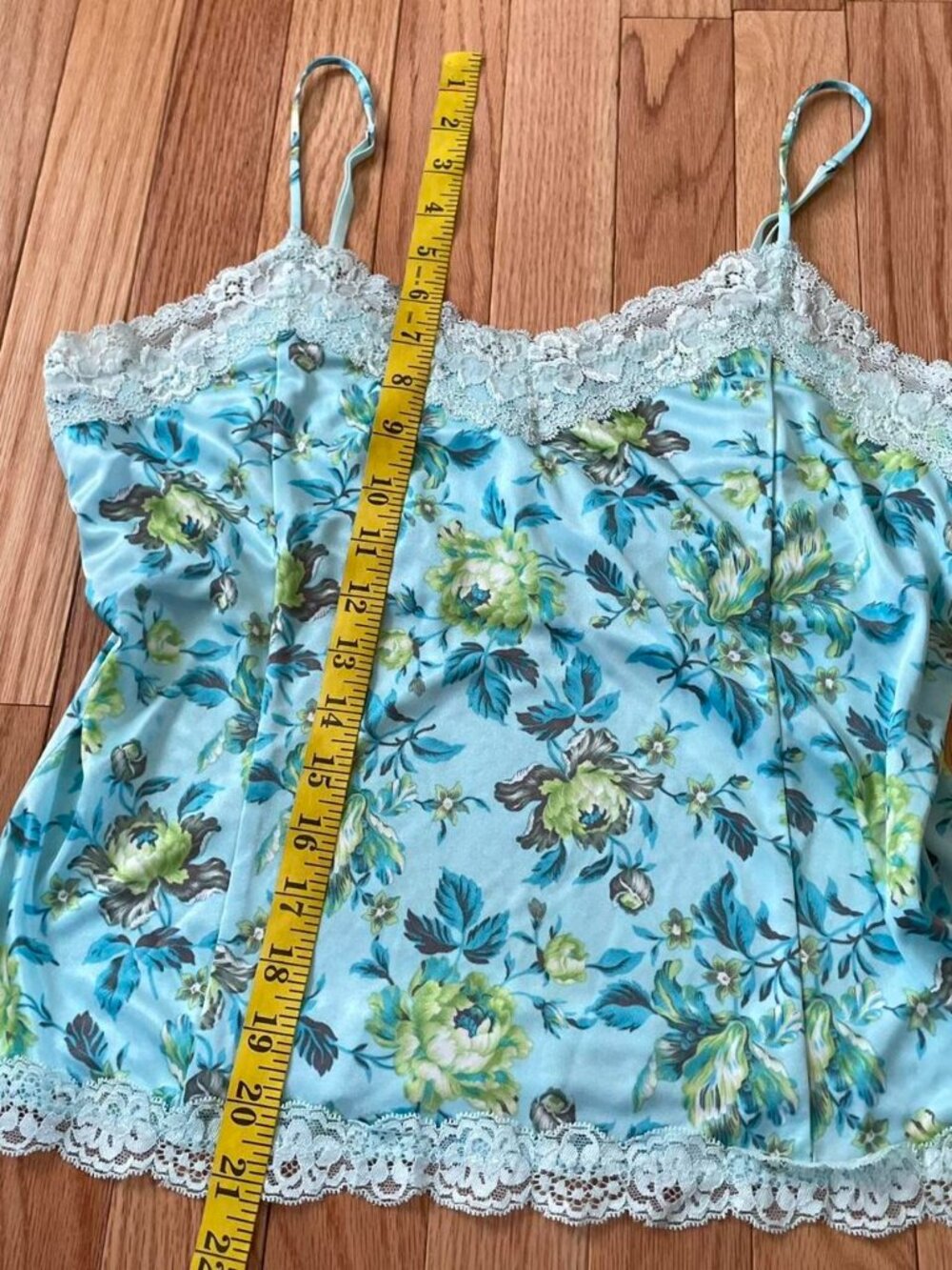 Vintage Blue Floral Silky Satin Lace Trim Cami Top Large Coquette Babydoll - Picture 6 of 8